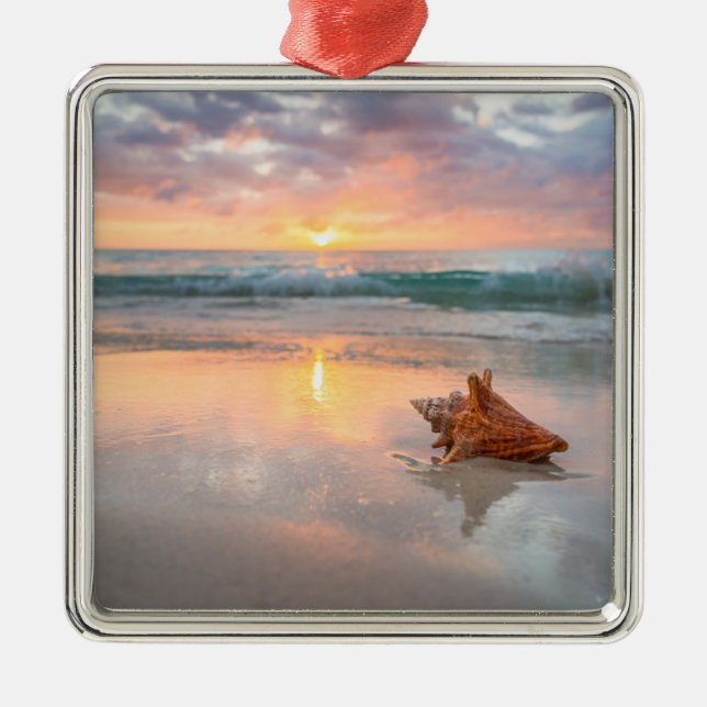 Conch Shell on the Beach | Jamaica Metal Ornament (Front)