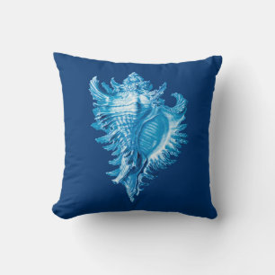 Conch Shell Sea Life Print, Indigo Blue and White Throw Pillow