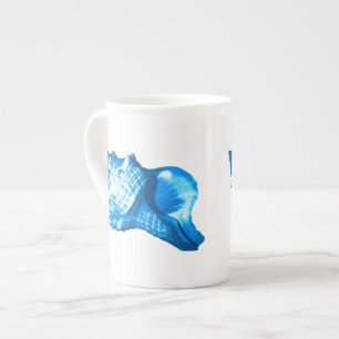 Conch shell sketch - cobalt and sky blue bone china mug