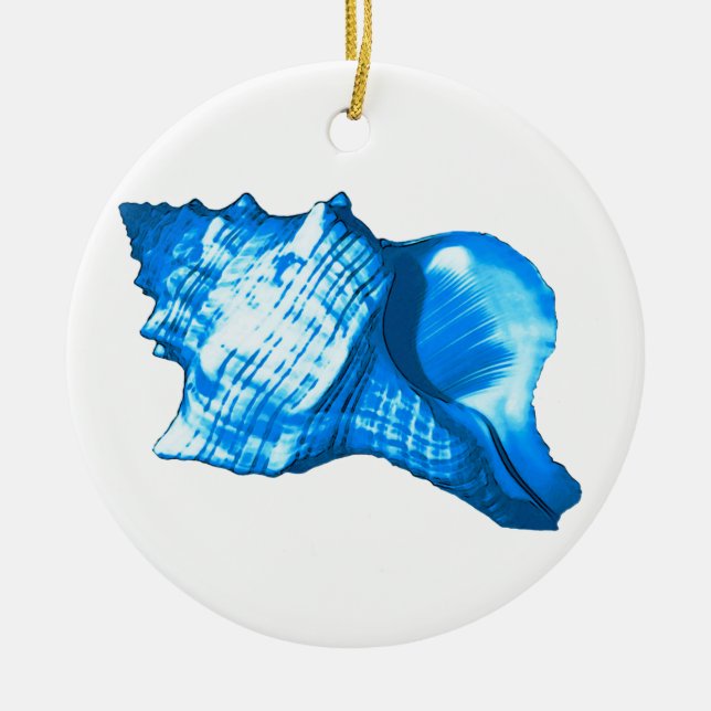Conch shell sketch - cobalt and sky blue ceramic ornament (Front)