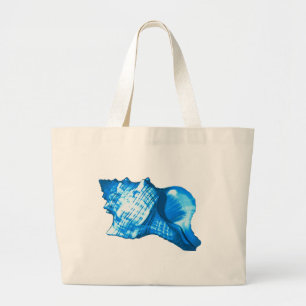 Conch shell sketch - cobalt and sky blue large tote bag