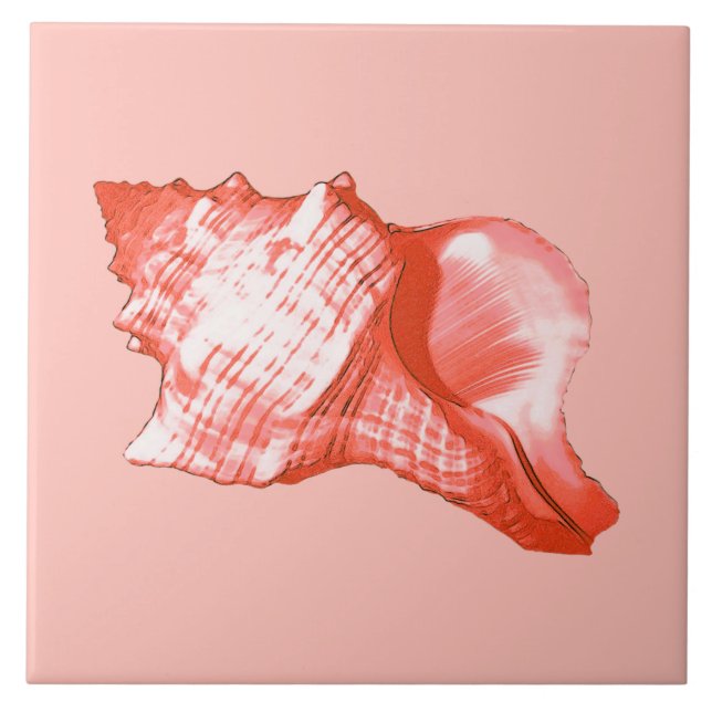 Conch shell sketch - coral, shell pink and white ceramic tile (Front)