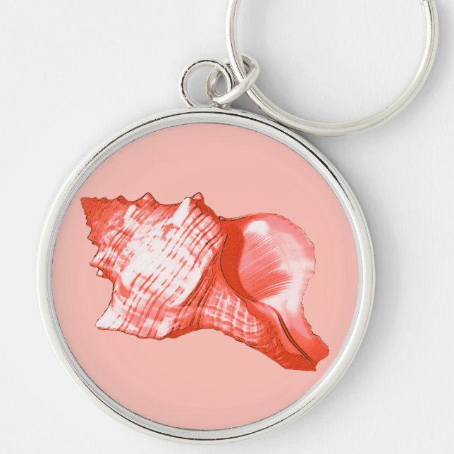 Conch shell sketch - coral, shell pink and white keychain (Front)
