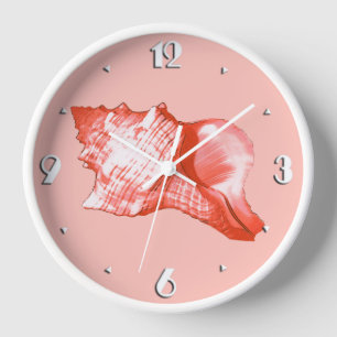 Conch shell sketch - coral, shell pink and white wall clock