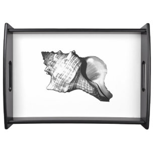 Conch shell sketch - shades of grey and white serving tray