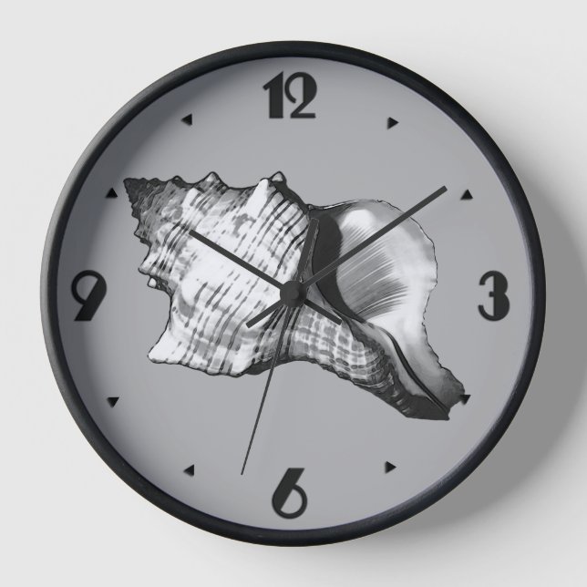 Conch shell sketch - shades of grey and white wall clock (Front)