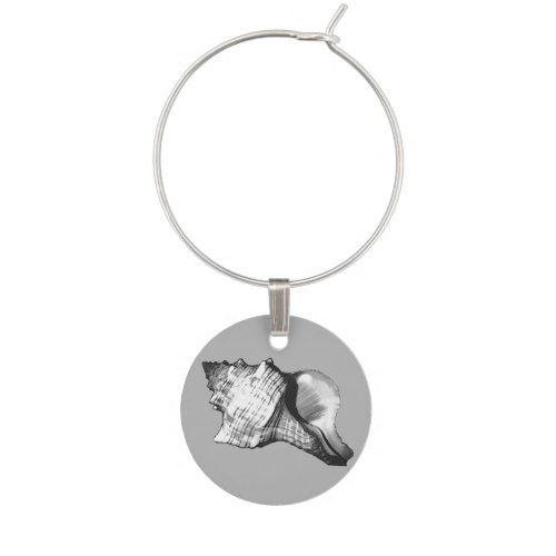 Conch shell sketch _ shades of grey and white wine glass charm