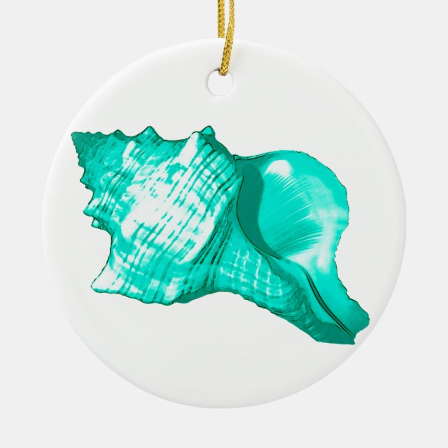 Conch shell sketch - turquoise, white and aqua ceramic ornament (Front)