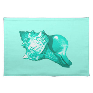 Conch shell sketch - turquoise, white and aqua cloth placemat