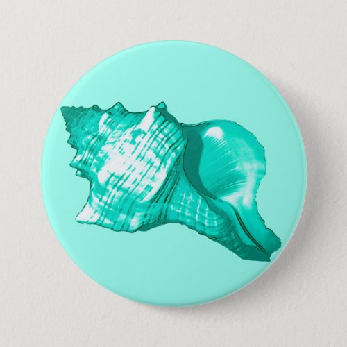 Conch shell sketch _ turquoise white and aqua pinback button