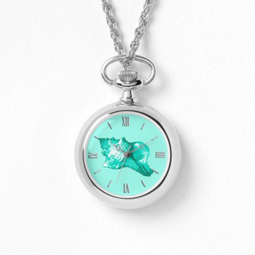 Conch shell sketch _ turquoise white and aqua watch