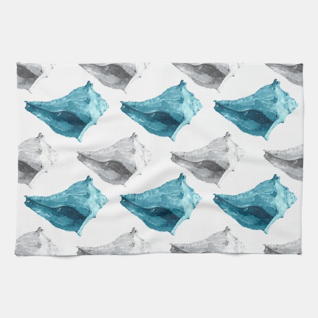 Conch Shells in Aqua & Gray Kitchen Towel (Horizontal)