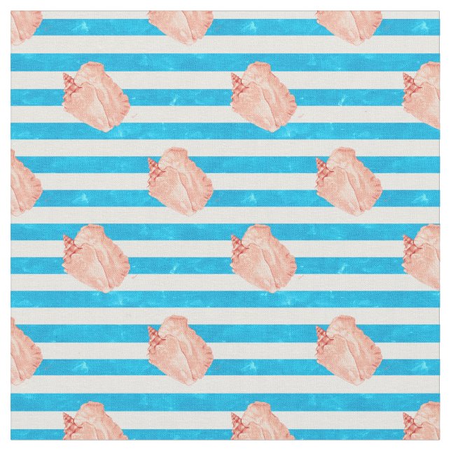Conch Shells on Blue Stripes Coastal Fabric (Close Up)