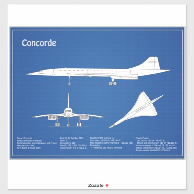 Concorde - Airplane Blueprint Drawing Plans ABD Sticker (Sheet)