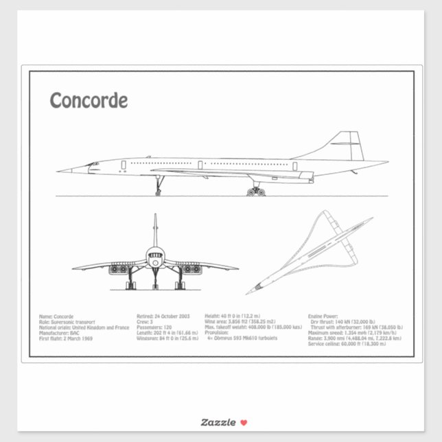Concorde - Airplane Blueprint Drawing Plans BD Sticker (Sheet)