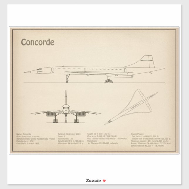 Concorde - Airplane Blueprint Drawing Plans SD Sticker (Sheet)