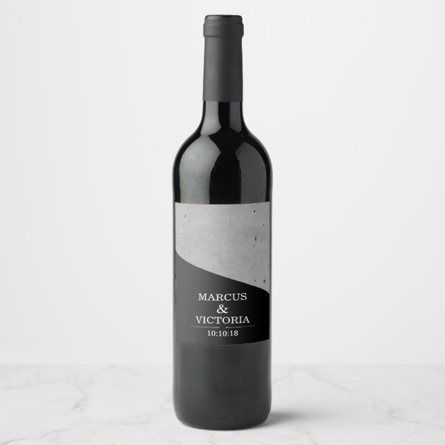 Concrete Black and White Modern Wedding Wine Label (Front)