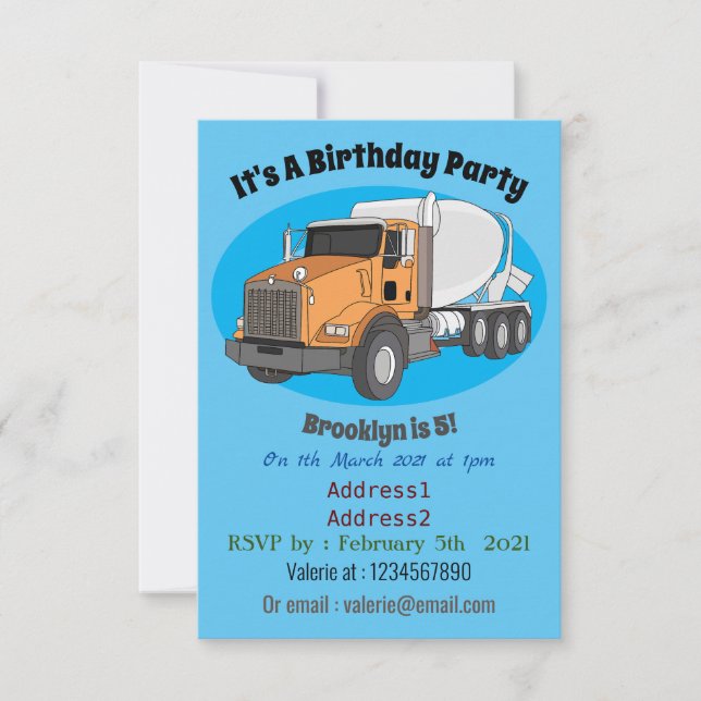 Concrete cement mixing truck cartoon illustration invitation (Front)