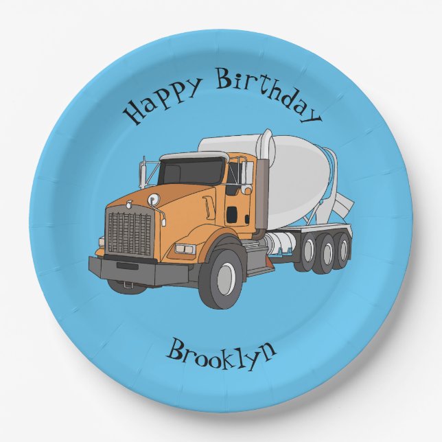 Concrete cement mixing truck cartoon illustration paper plates (Front)