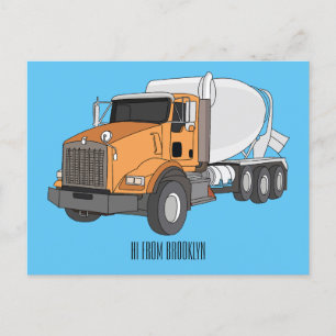 Concrete cement mixing truck cartoon illustration postcard