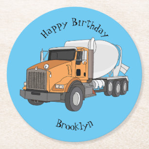 Concrete cement mixing truck cartoon illustration round paper coaster