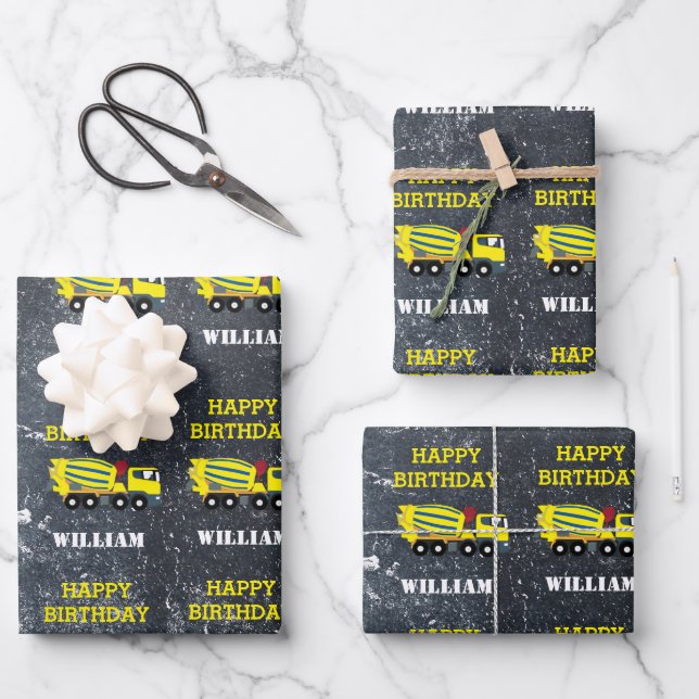 Concrete Cement Truck Construction Trucks & Name Wrapping Paper Sheets (Front)