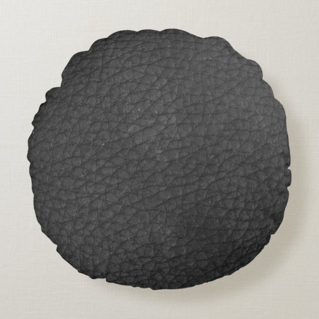 Concrete Gray Black Leather Print Round Pillow (Front)