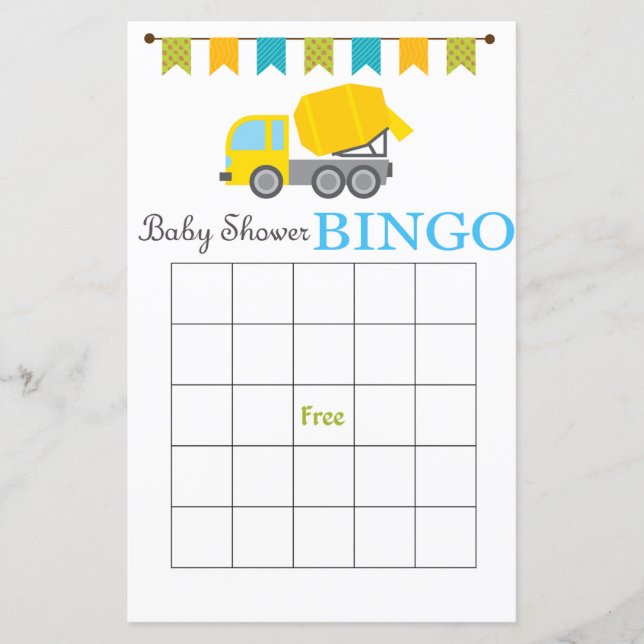 Concrete mixer baby shower bingo card (Front)