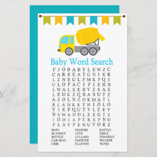 Concrete mixer Baby Shower Word Search Game