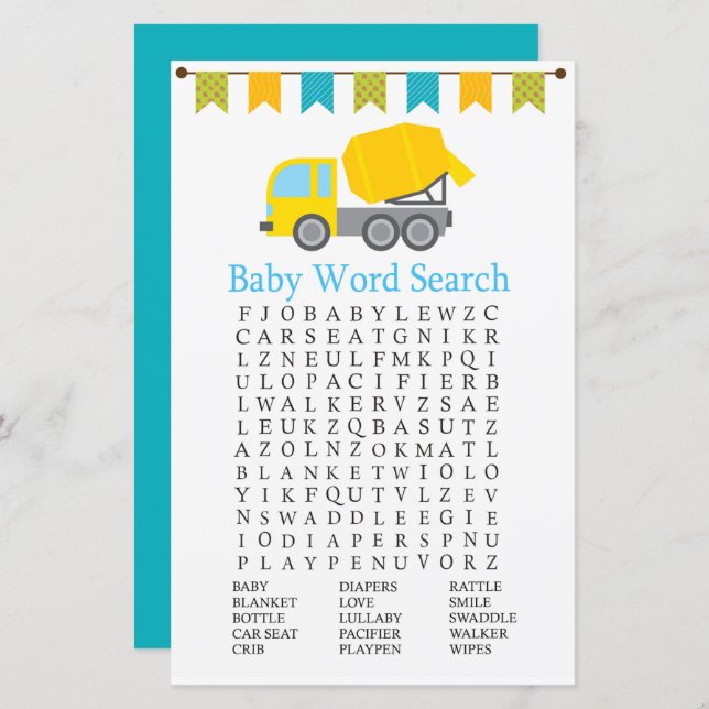 Concrete mixer Baby Shower Word Search Game (Front/Back)