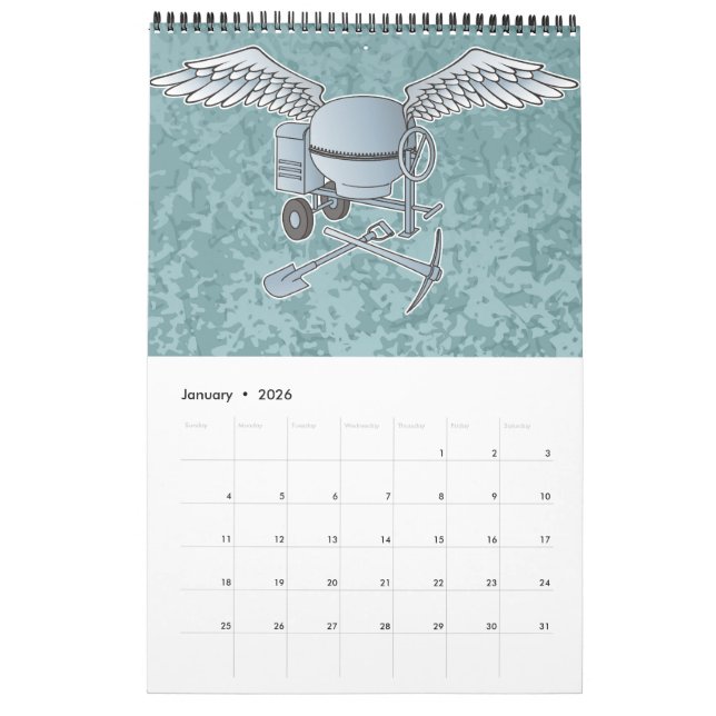 Concrete mixer blue-gray calendar (Jan 2026)