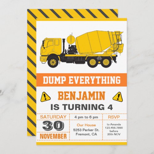 Concrete Mixer Construction Kids Birthday Party Invitation