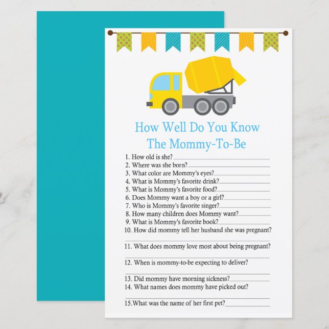 Concrete mixer how well do you know baby shower (Front/Back)