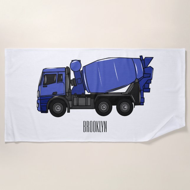 Concrete mixing transport truck cartoon beach towel (Front)