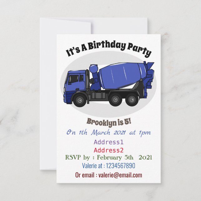 Concrete mixing transport truck cartoon invitation (Front)