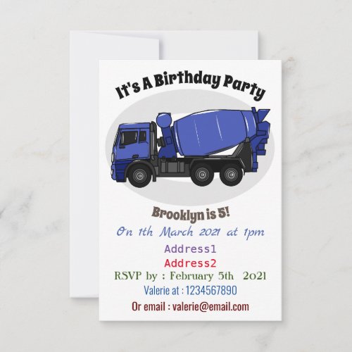 Concrete mixing transport truck cartoon invitation