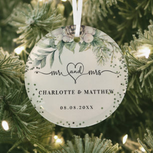 Cone greenery names mr mrs elegant newly weds glass ornament