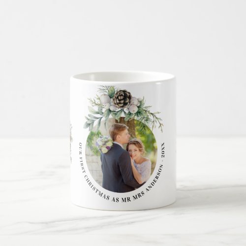 Cone greenery newly weds 1st christmas photo coffee mug