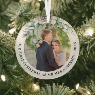 Cone greenery newly weds 1st christmas photo glass ornament