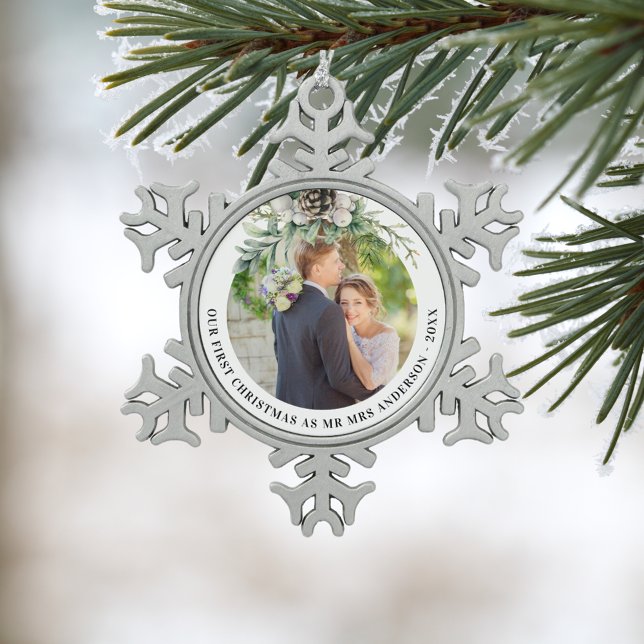 Cone greenery newly weds 1st christmas photo snowflake pewter christmas ornament (Creator Uploaded)