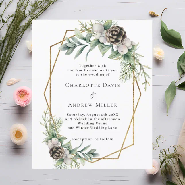 Cone pine greenery geometric wedding invitation | Zazzle