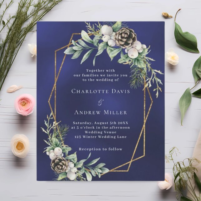 Cone pine greenery gold blue wedding invitation (Creator Uploaded)