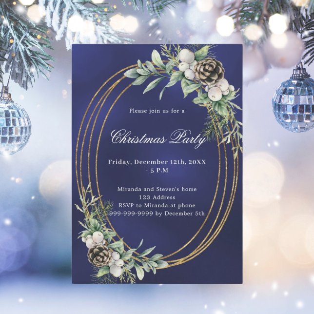 Cone pine greenery gold frame blue Christmas Party Invitation (Creator Uploaded)