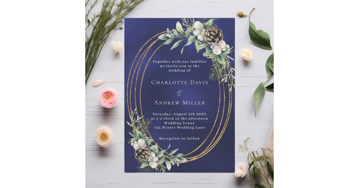 Cone pine greenery gold frame blue wedding invitation | Zazzle