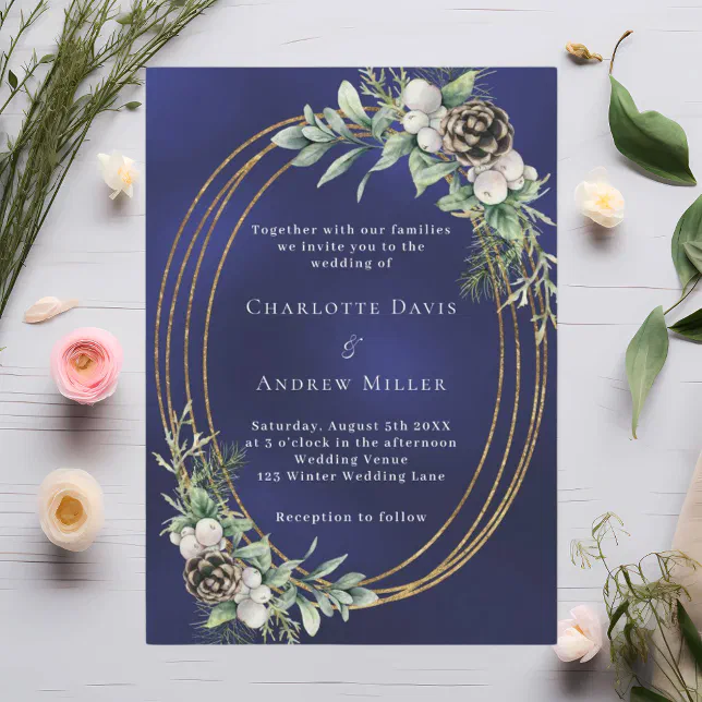 Cone pine greenery gold frame blue wedding invitation | Zazzle