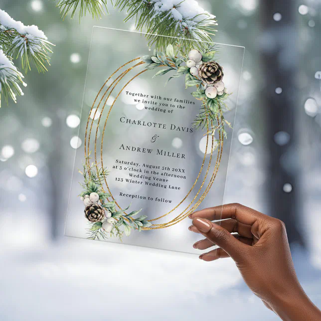 Cone pine greenery gold frame clear wedding acrylic invitations | Zazzle