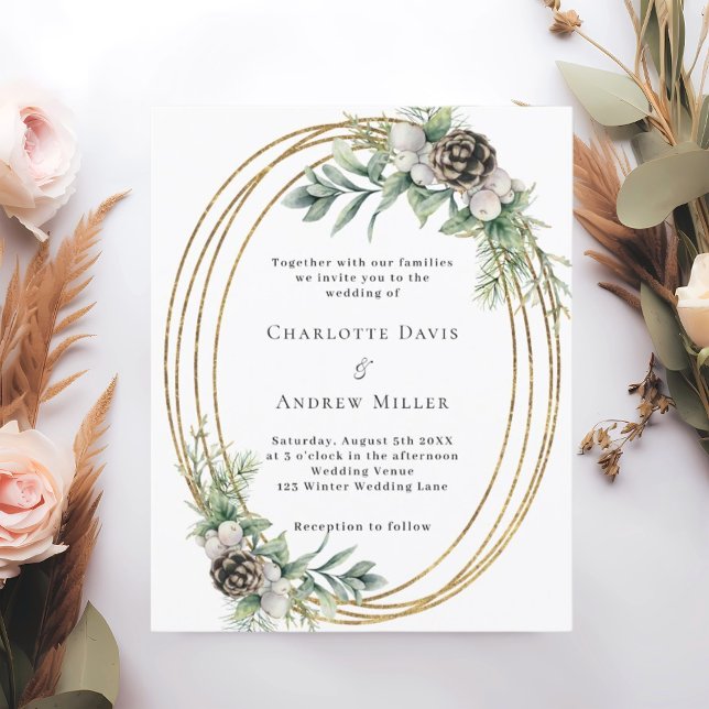 Cone pine greenery gold frame wedding invitation (Creator Uploaded)