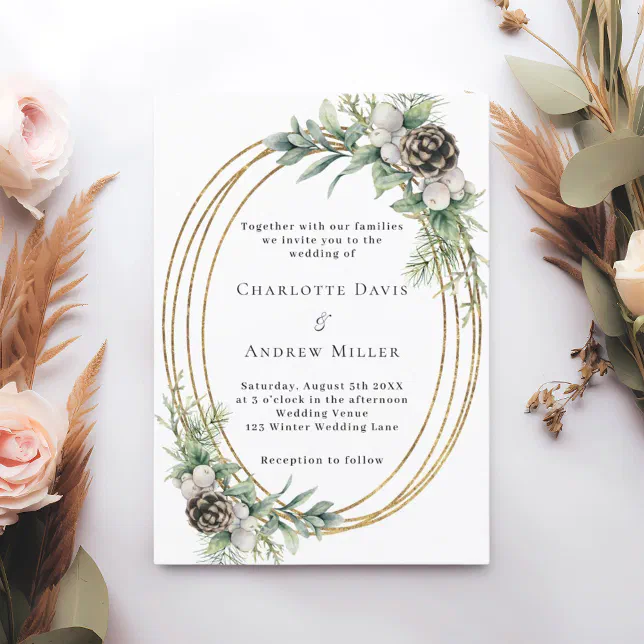 Cone pine greenery gold frame wedding invitation | Zazzle