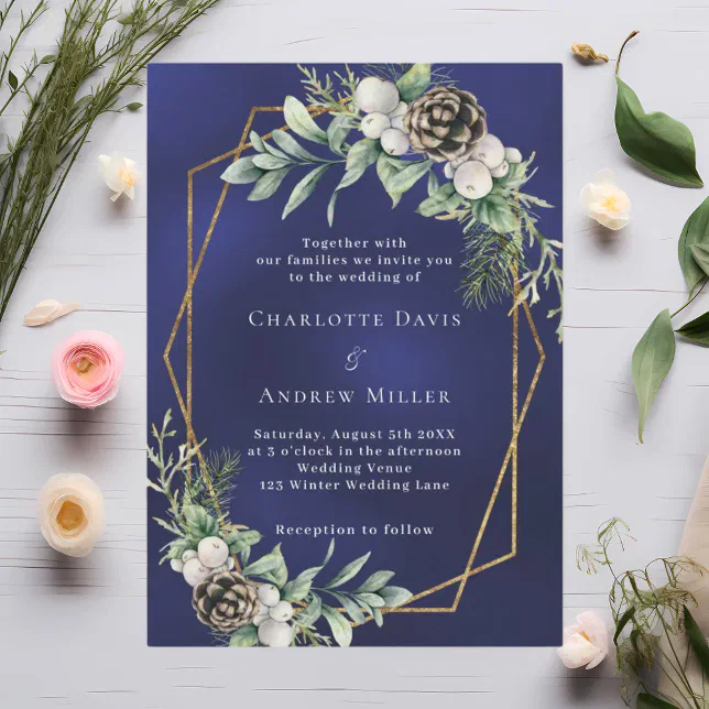 Cone pine greenery gold geometric blue wedding invitation | Zazzle