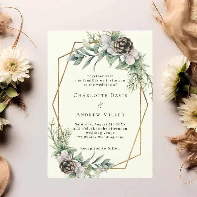 Cone pine greenery gold geometric ivory wedding invitation | Zazzle